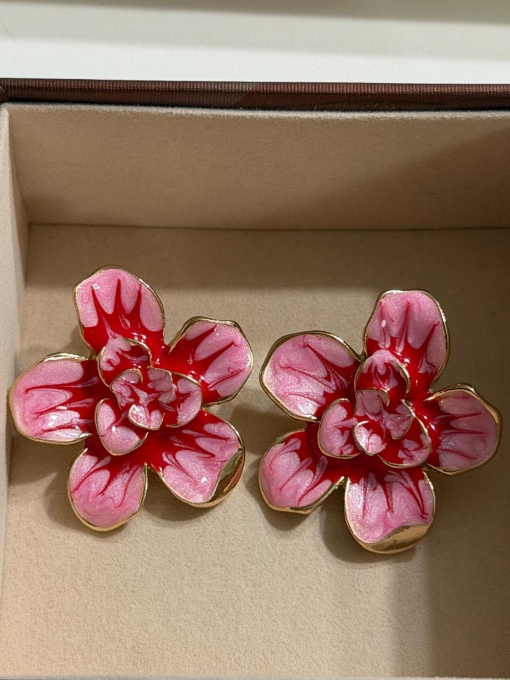 Golden Pink Oil Dripping Flower Ruffle Stud Statement Earrings. - Picture 2 of 3